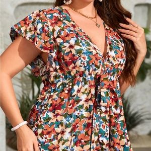 SHEIN plus allover floral print, flutter sleeve, tie front blouse